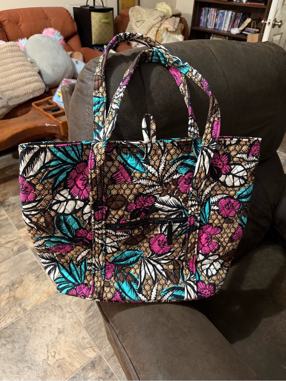 Vera Bradley Floral Quilted Tote Bag in Teal, Pink, White and Brown